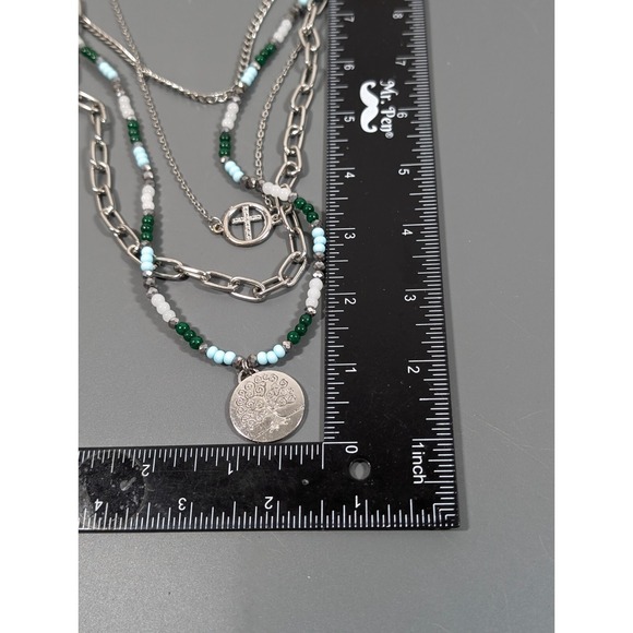 Bohemian Style Green Blue Beaded Silver Tone Layered Chain Statement Necklace - Picture 9 of 9